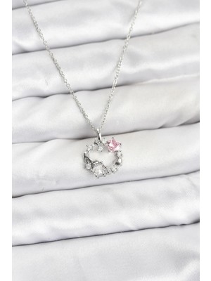 GV Home Mey Ithalat® 316L Çelik Zincir Gümüş Renk Pembe Taş Detaylı Çelenk Model Kadın Kolye