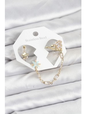 GV Home Mey Ithalat® Yıldız Model Pirinç Gold Renk Zincir Bağlantılı Ear Cuff Küpe Seti