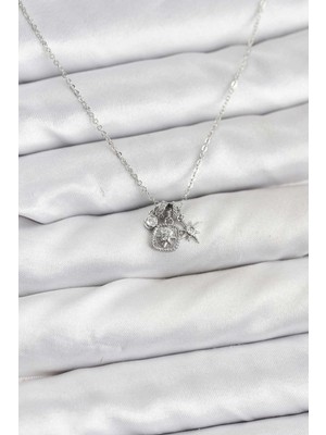 GV Home Mey Ithalat® Pirinç Gümüş Renk Minimal Charmlı Kadın Kolye