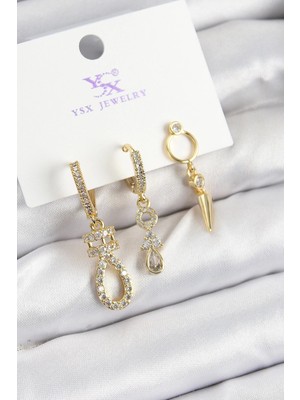 GV Home Mey Ithalat® Pirinç Zirkon Taşlı Sallantılı Model Gold Renk 3'lü Kadın Küpe