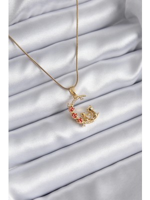 GV Home Mey Ithalat® 316L Çelik Gold Renk Hilal Kedi Model Zirkon Taşlı Detay Kadın Kolye