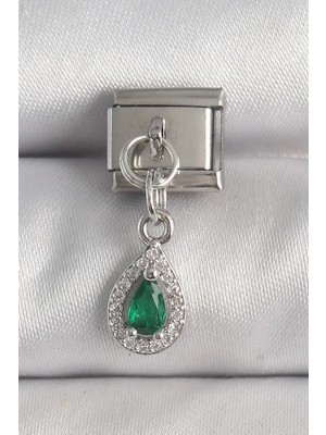 GV Home Mey Ithalat® 316L Çelik Gümüş Renk Sallantı Yeşil Zirkon Taşlı Damla Model Nomination Charm