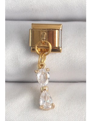 GV Home Mey Ithalat® 316L Çelik Gold Renk Sallantı Zirkon Taşlı Kurdele Model Nomination Charm