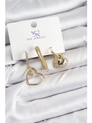 GV Home Mey Ithalat® Pirinç Zirkon Taşlı Kalp Model Gold Renk 3'lü Kadın Küpe
