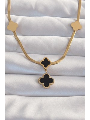 GV Home Mey Ithalat® 316L Çelik Gold Renk Italyan Zincirli Mineli Yonca Kolye