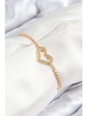 GV Home Mey Ithalat® Pirinç Zirkon Taşlı Kalp Model Gold Renk Asansörlü Kadın Bileklik