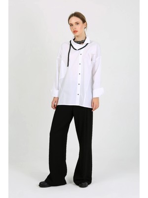 Des Concept Kadın Çizgili Asimetrik Yaka Oversize Gömlek