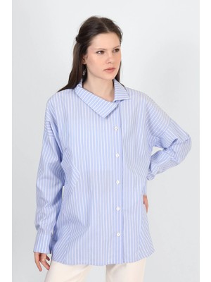 Des Concept Kadın Çizgili Asimetrik Yaka Oversize Gömlek