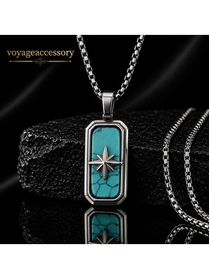 Voyage Accessory Paslanmaz Çelik Turkuaz Doğal Taş Kutup Yıldızı Gemici Pusula Kolye