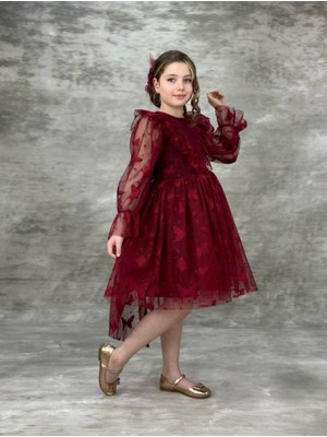 Lina Baby Bloomm Kız Çocuk Bordo Kelebek Desenli Tül Abiye Elbise Uzun Kollu Özel Gün Elbisesi
