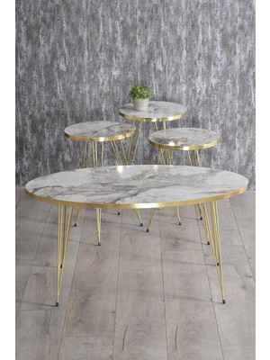 Zigon Sehpa ve Orta Sehpa Elips Gold Metal Ayak Gold Efes Set