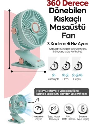 Segy Home Masaüstü Vantilatör Şarjlı Vantilatör Klipsli Vantilatör 360 Derece Dönebilen Portatif Fan Klima Vantilatör Soğutucu Kıskaçlı Fan