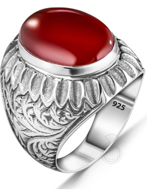 Modasilvers 925 Ayar Gümüş Oval Doğal Akik Taşlı Kalem Işlemeli Erkek Yüzük