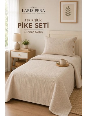 Larispera %100 Pamuk Tek Kişilik Pike Yatak Örtüsü Takımı Bordürlü +1 Düğmeli Yastık Kılıfı (50X70) bej