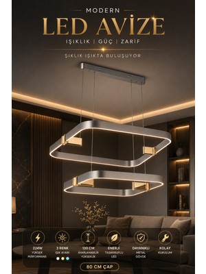 Elvora Home Modern (Premium) Platin Gri Renkli Gold Detaylı 2'li 3 Renkli Ledli 224W Sarkıt Avize Salon Mutfak Oturma Odası Avizesi Modelleri