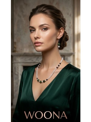 Woona Kanada Yeşim Taşı & Aytaşı & Turmalintaşı  Premium Aa Kalite Doğal Taş El Yapımı Kolye Küpe Set