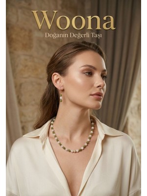 Woona Ay Taşı & Kanada Yeşim Taşı ( Jade ) Premium Aa Kalite Doğal Taş El Yapımı Kolye Küpe Set