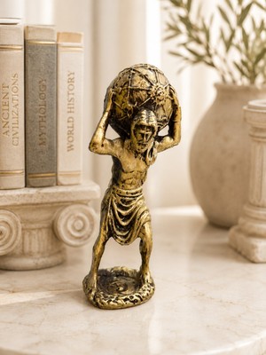 Imosas Atlas Heykeli 14 cm Antik Gold Dekoratif Biblo | Mitolojik Ev Dekorasyonu & Masa Üstü Aksesuar