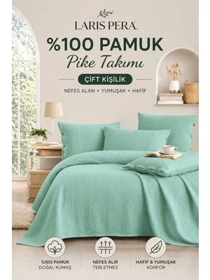 Larispera %100 Pamuk Çift Kişilik Pike Yatak Örtüsü Takımı Bordürlü +2 Düğmeli Yastık KILIFI(50X70) yeşil