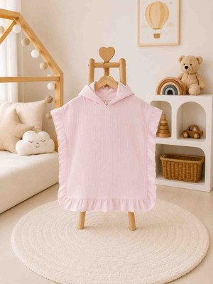 Sallhome Luna Pembe Fırfırlı Kapüşonlu Müslin Çocuk Pançosu (2-6 Yaş)