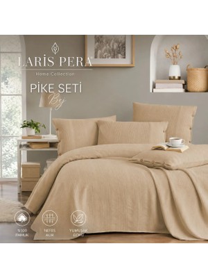 Larispera %100 Pamuk Çift Kişilik Pike Yatak Örtüsü Takımı Bordürlü +2 Düğmeli Yastık KILIFI(50X70) bej