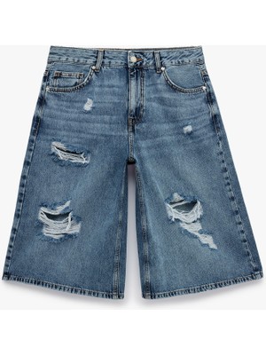 Koton Yıpratma Detaylı Düğmeli Cepli Pamuklu Denim Bermuda Jort Şort