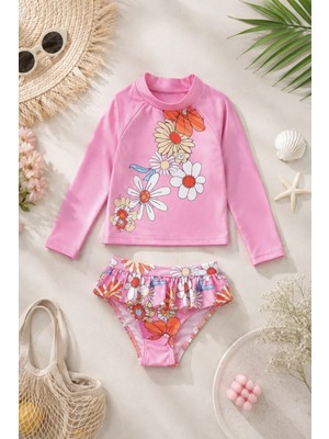DeKuBaby Yeni Sezon Desenli Güneş Korumalı Uzun Kol, Crop Üst, Mini Eteği Fırfırlı Bikini Takımı