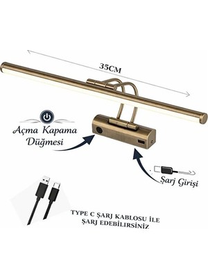 FKLIGHT 35CM / USB Sarjlı Resim / Tablo / Ayna Üstü / Banyo / Ledli Aplik Flüt 3000K Günışığı Eskitme Kasa
