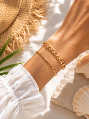 Adata Jewelry Çelik Ezme Zincir Burgu Zincir Kadın / Erkek 2li Kombin Bileklik Uzatma Zincirli Gold / Gümüş Renk