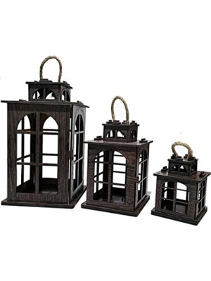 Empressco Dekoratif Ahşap Fener Mumluk Takımı 20 cm 3'lü Set