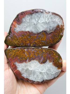 Healcrystal Karadeniz Püskül Akik Çifti - Canlı Yanmış Turuncu ve Hardal Sarısı Yosun Akik