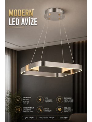 Elvora Home Modern (Premium) Platin Kare 3 Renkli 96W Ledli Sarkıt Avize Platin Salon Mutfak Oturma Odası Avizesi Modelleri