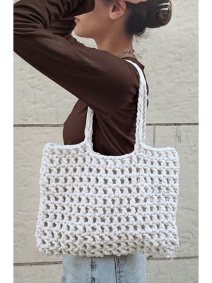 Warasiva Kadın Beyaz Örme Orta Boy 36×26 cm  El Işçiliği Günlük Omuz Çantası