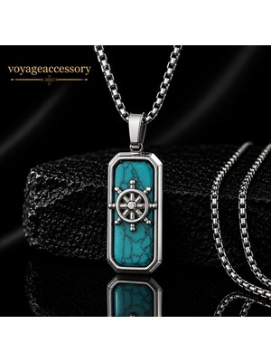 Voyage Accessory Paslanmaz Çelik Turkuaz Doğal Taşlı Marin Denizci Dümen Kolye