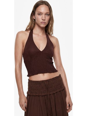Koton Keten Karışımlı Halter Yaka Boyundan Bağlamalı Gipeli Crop Top