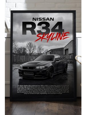 Duvarda Nissan R34 Skyline Siyah Ahşap Çerçeveli Poster, Dekoratif Araba Duvar Tablosu