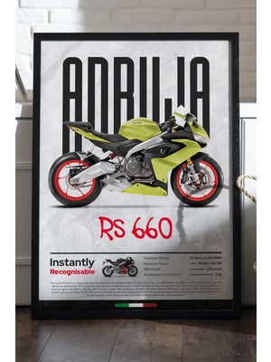 Duvarda Aprilia Rs 660 Siyah Ahşap Çerçeveli Poster, Dekoratif Motosiklet Duvar Tablosu