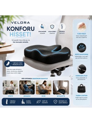 Velora Grup Ortopedik Visco Oturma Minderi Kuyruk Sokumu Destekli Ergonomikofis, Araç ve Çalışma Koltuğuminderi