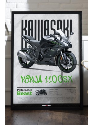 Duvarda Kawasaki Ninja 1100 Sx Siyah Ahşap Çerçeveli Poster, Dekoratif Motosiklet Duvar Tablosu