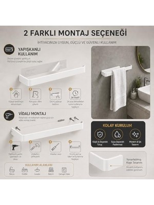 NY Home Beyaz Lamalı Havlu Askısı, Paslanmaz Çelik Banyo Havluluğu, Hem Yapışkanlı Hem Vidalı Montajlı, Duvar Tipi Modern Havlu Barı