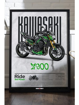 Duvarda Kawasaki Z900 Siyah Ahşap Çerçeveli Poster, Dekoratif Motosiklet Duvar Tablosu