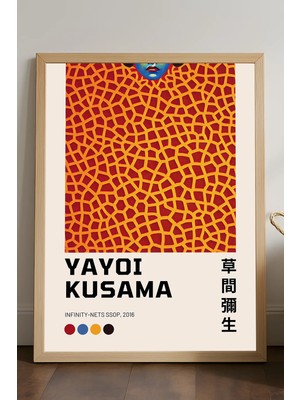 Duvarda Yayoi Kusama Doğal Ahşap Çerçeveli Poster, Dekoratif Sanatsal Duvar Tablosu