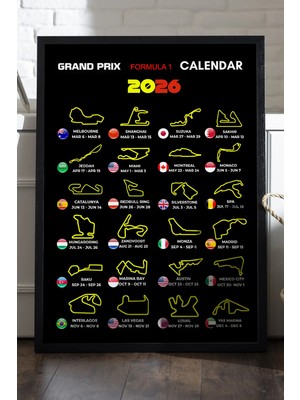Duvarda Grand Prix Formula 1 Calendar Siyah Ahşap Çerçeveli Poster, Dekoratif Araba Duvar Tablosu