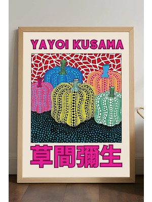 Duvarda Yayoi Kusama Doğal Ahşap Çerçeveli Poster, Dekoratif Sanatsal Duvar Tablosu
