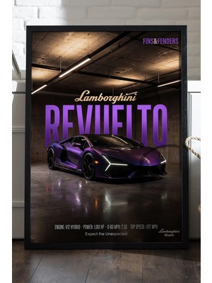 Duvarda Lamborghini Revuelto Siyah Ahşap Çerçeveli Poster, Dekoratif Araba Duvar Tablosu
