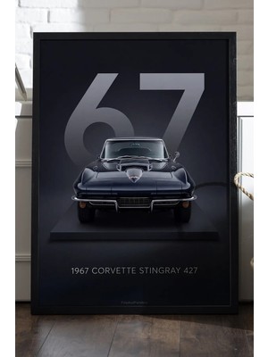 Duvarda Corvette Stingray 427 Siyah Ahşap Çerçeveli Poster, Dekoratif Araba Duvar Tablosu