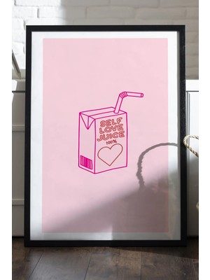 Duvarda Self Love Juice Doğal Ahşap Çerçeveli Poster, Dekoratif Pembe Duvar Tablosu