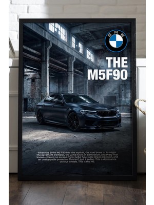 Duvarda Bmw M5 F90 Siyah Ahşap Çerçeveli Poster, Dekoratif Araba Duvar Tablosu