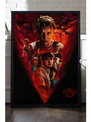 Duvarda Stranger Things Siyah Ahşap Çerçeveli Poster, Dizi Duvar Tablosu