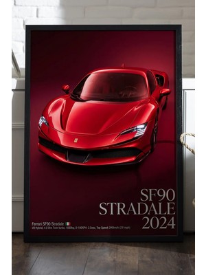 Duvarda Ferrari SF90 Stardale 2024 Siyah Ahşap Çerçeveli Poster, Dekoratif Araba Duvar Tablosu